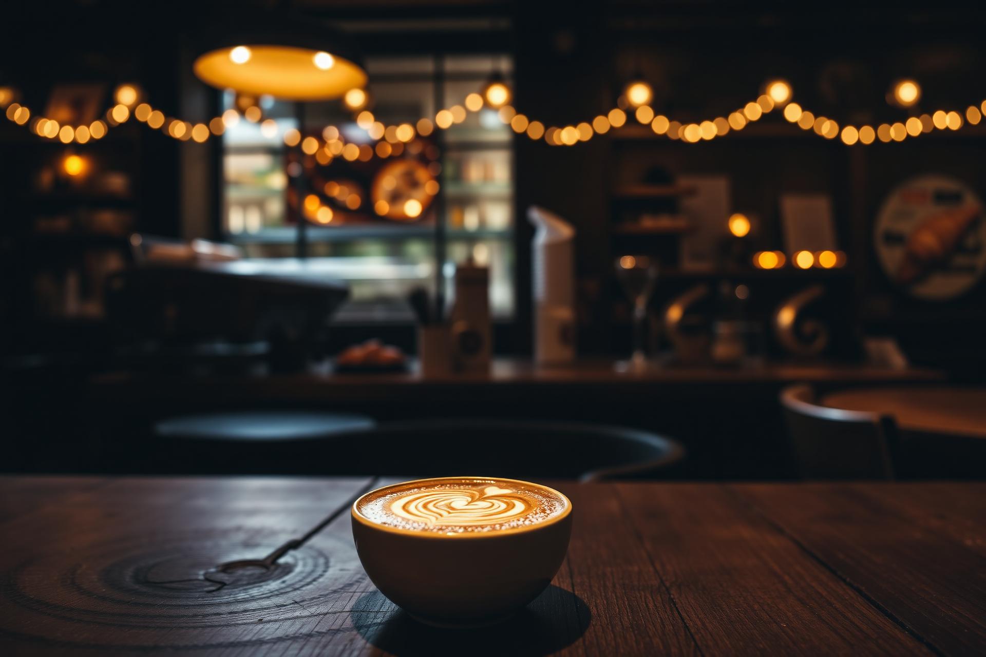 Warm latte on a wooden table inside a candlelit coffee house